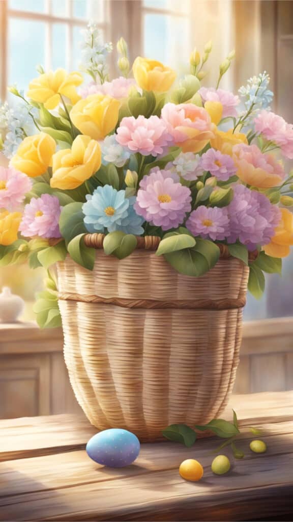 A vintage Easter basket sits on a weathered wooden table, surrounded by pastel-colored flowers and a soft, warm glow