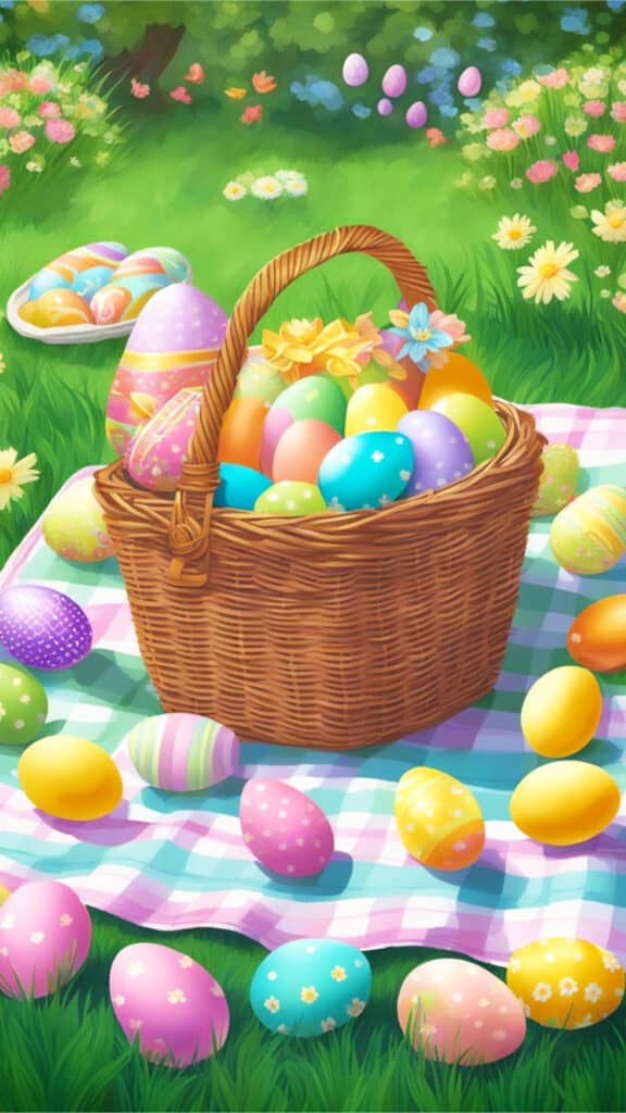 A bright, pastel-colored picnic blanket spread out on lush green grass, adorned with Easter eggs, flowers, and a wicker basket filled with treats