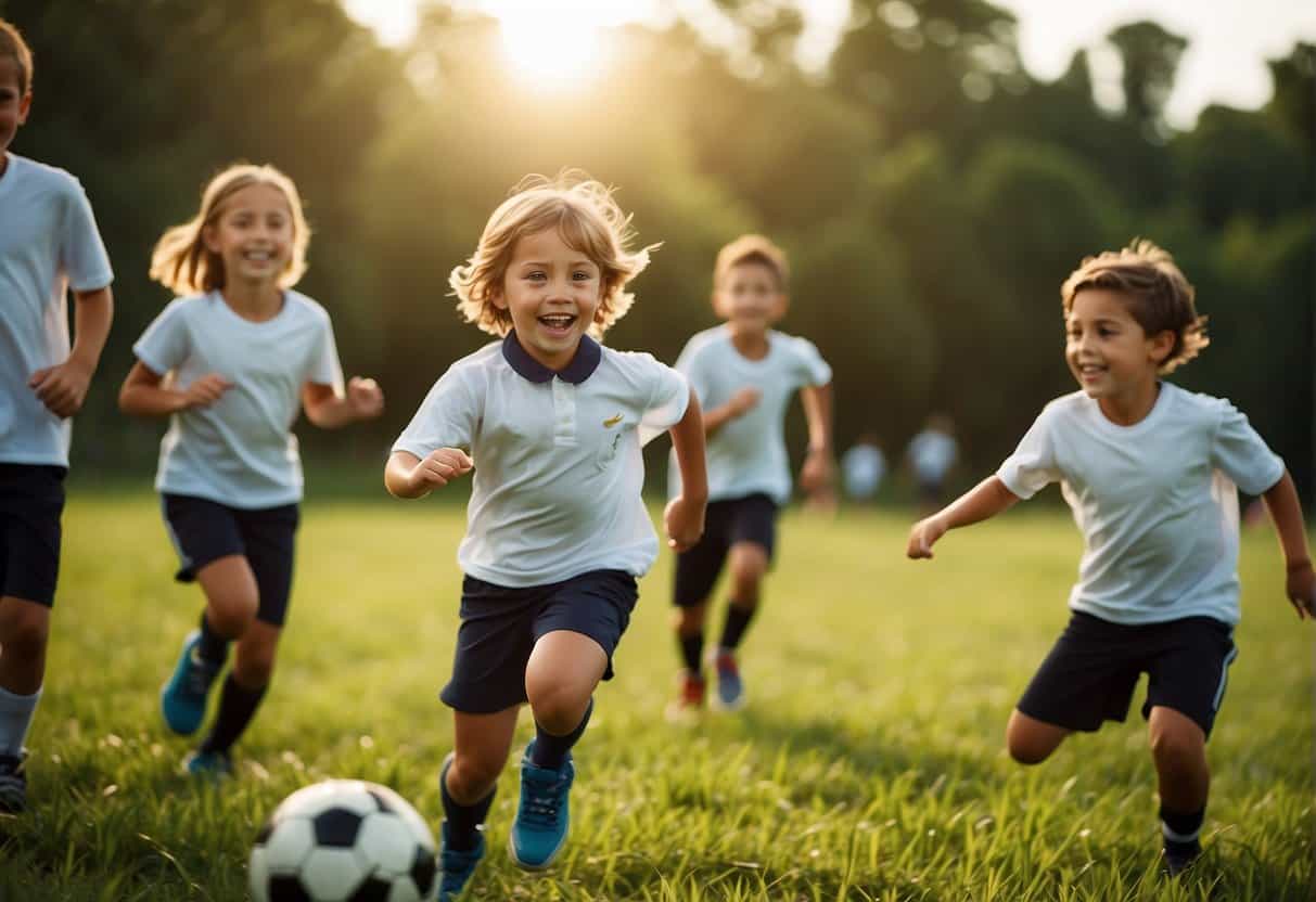 Children playing soccer in a grassy field, kicking the ball back and forth with excitement. The sun is shining, and everyone is having a great time