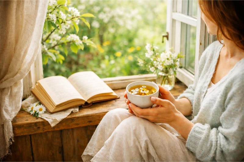 Woman sitting by an open window holding a cup of chamomile tea with a book nearby, surrounded by spring greenery and soft natural light. Spring hygge aesthetic