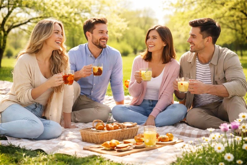 A group of friends enjoying a casual picnic outdoors with warm drinks on a blanket in a green park during spring.