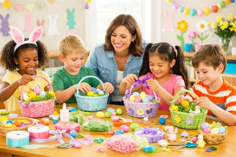 Easter Party Ideas for School That Your Students Will Absolutely Love 7 Children and an adult instructor making Easter baskets together at a table filled with craft supplies in a decorated classroom.