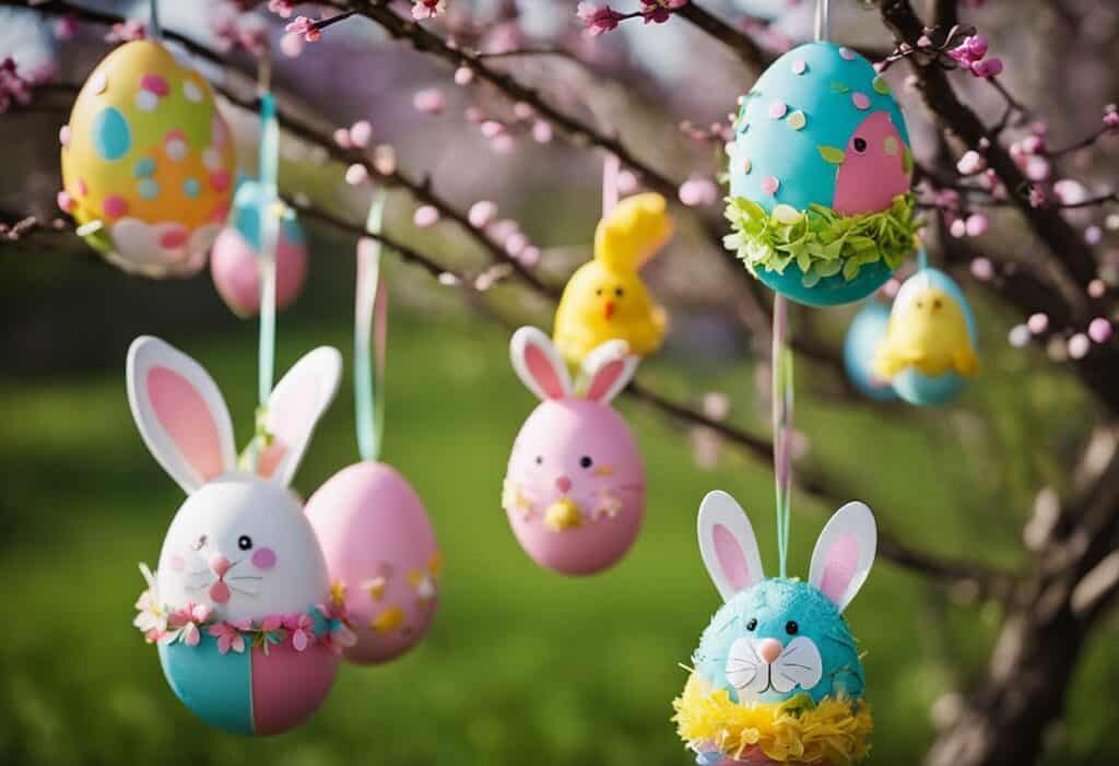 Colorful Easter eggs hang from branches, surrounded by paper bunnies and chicks.