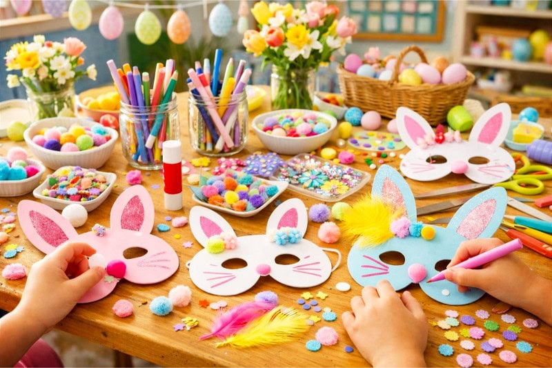 Easter Party Ideas for School That Your Students Will Absolutely Love 3 Children decorating colorful bunny masks at a craft station with various art supplies on a table in a classroom decorated for Easter.