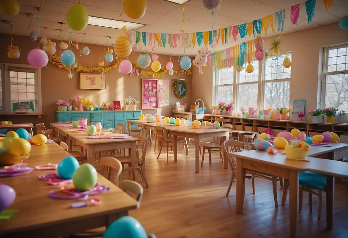 Decorated classroom with colorful Easter decorations