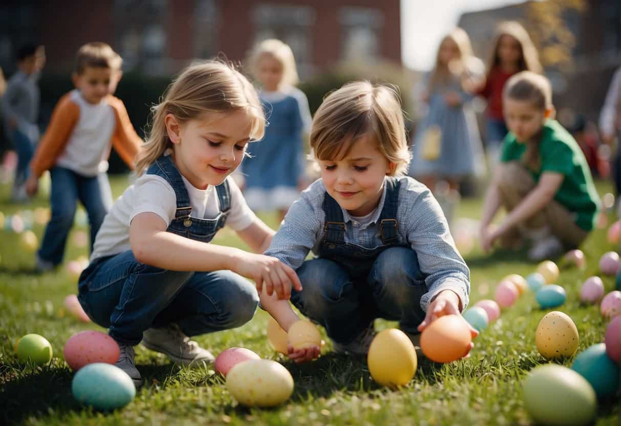 Children play outdoor Easter games in a schoolyard hunting for eggs.