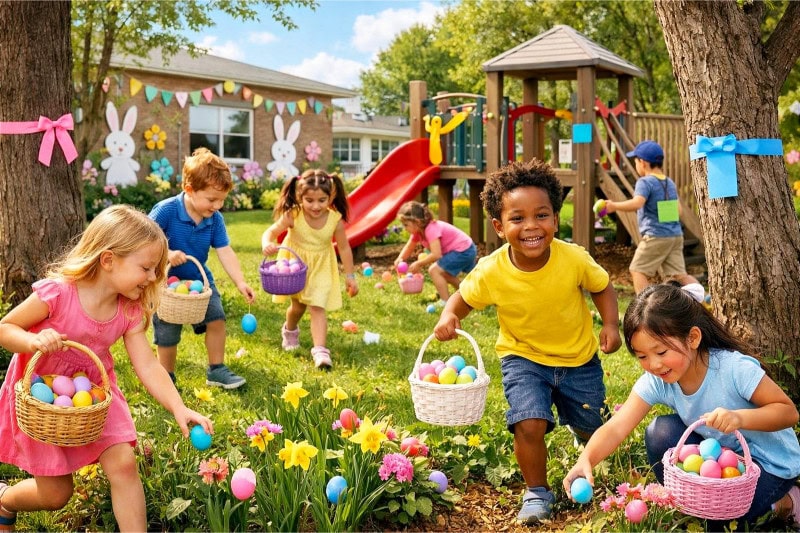 Easter Party Ideas for School That Your Students Will Absolutely Love 2 Children hunting for colorful Easter eggs outdoors with baskets, surrounded by spring decorations and greenery.