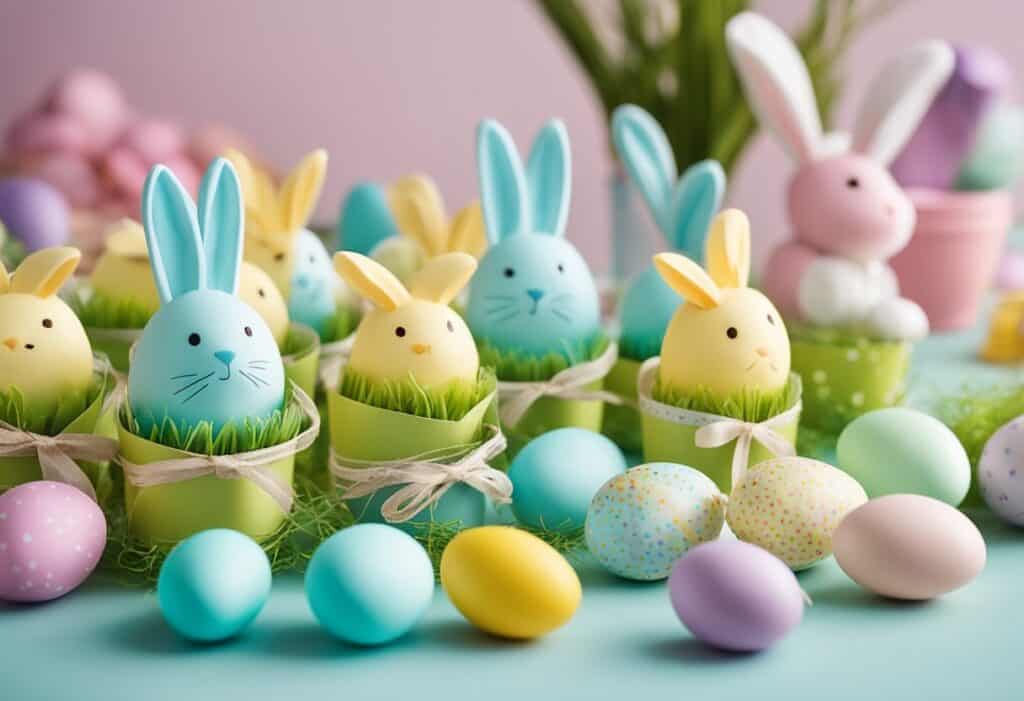 Colorful Easter party favors and goodie bags arranged on a table, with bunny-shaped chocolates, pastel-colored eggs, and festive decorations