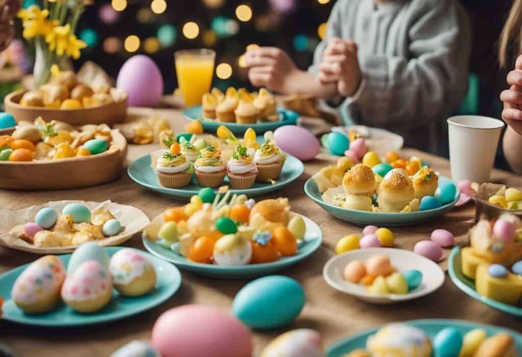A table adorned with colorful Easter-themed party food and drinks, surrounded by festive decorations and lively kid's activities