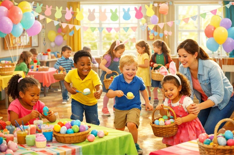 Easter Party Ideas for School That Your Students Will Absolutely Love 1 Children and a teacher celebrating an Easter party at school with colorful decorations, painting eggs, and playing games.