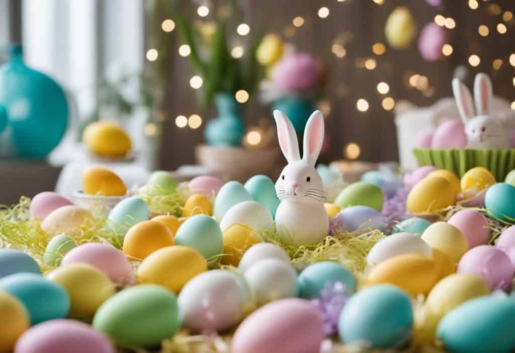 Colorful Easter decorations fill the room, with a table set for a festive party. Brightly colored eggs, bunny-shaped treats, and pastel streamers create a joyful atmosphere for kids