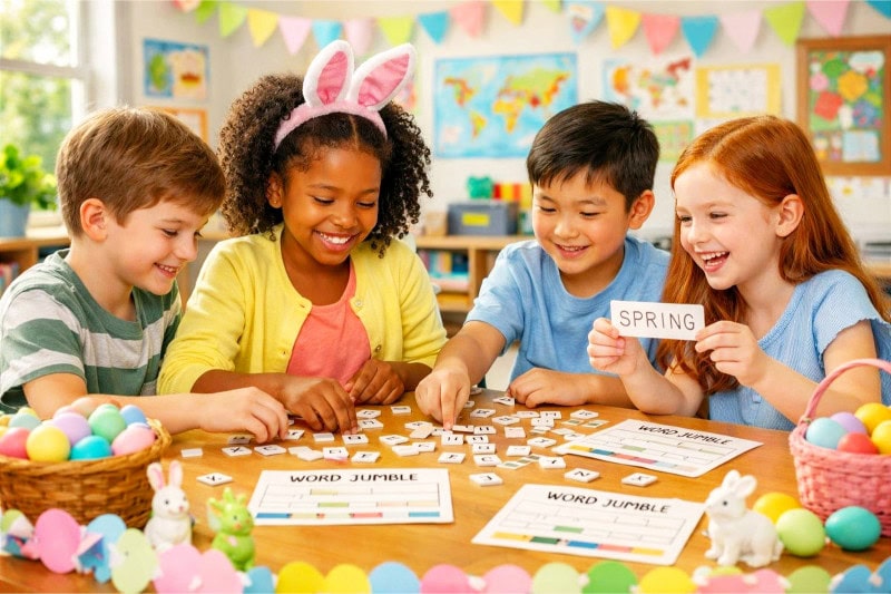 Easter Party Ideas for School That Your Students Will Absolutely Love 9 Children playing a word jumble game at a decorated classroom table with Easter decorations and baskets of eggs.