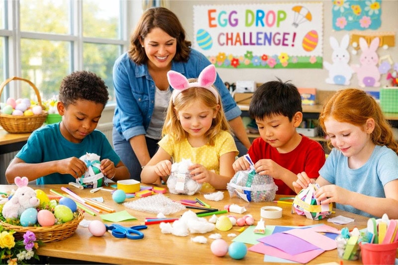 Easter Party Ideas for School That Your Students Will Absolutely Love 14 Children working together on an egg drop experiment with craft materials and Easter decorations in a classroom.