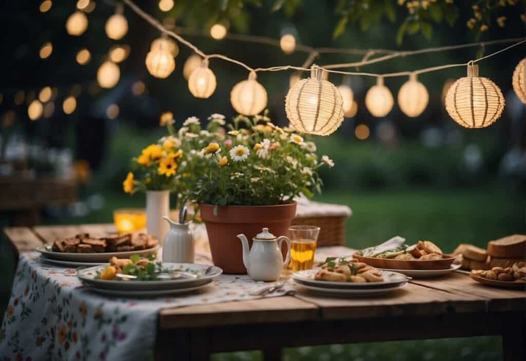 A table decked out with blooming flowers, plates of food and surrounded by solar-powered string lights.