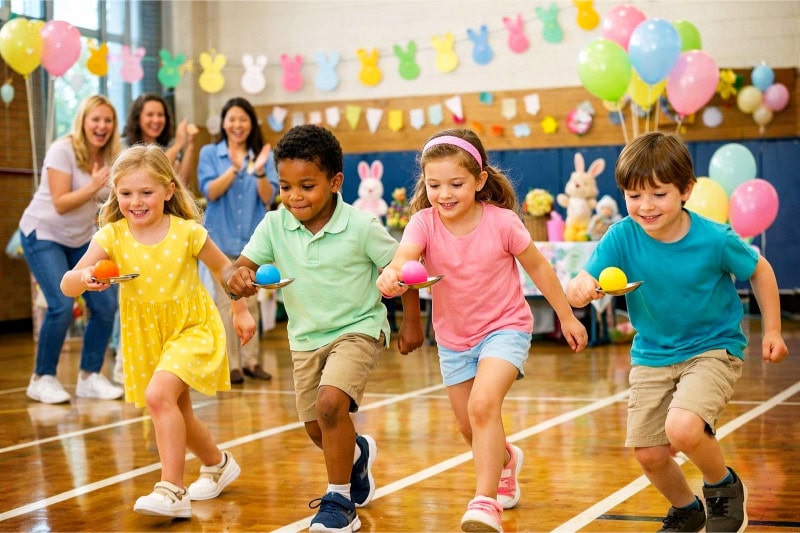 Easter Party Ideas for School That Your Students Will Absolutely Love 6 Children participating in an egg and spoon race inside a school gym decorated for Easter.