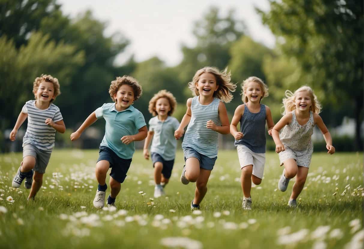 A group of children playing outdoor games, laughing and running around in a park filled with blooming flowers and green grass