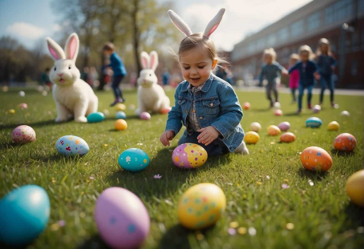 Children play games with colorful Easter eggs in a schoolyard