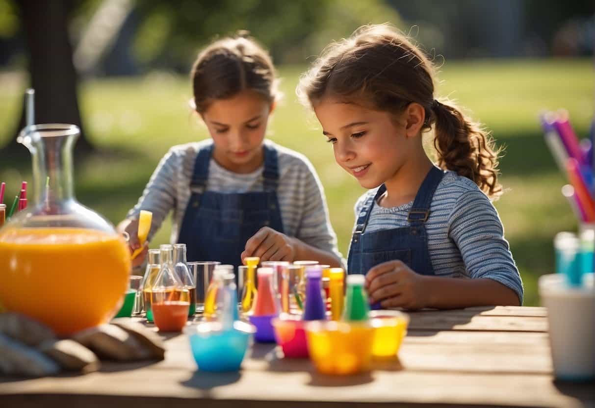 Children crafting and conducting science experiments in a sunny outdoor setting with colorful art supplies and scientific tools spread out on a picnic table