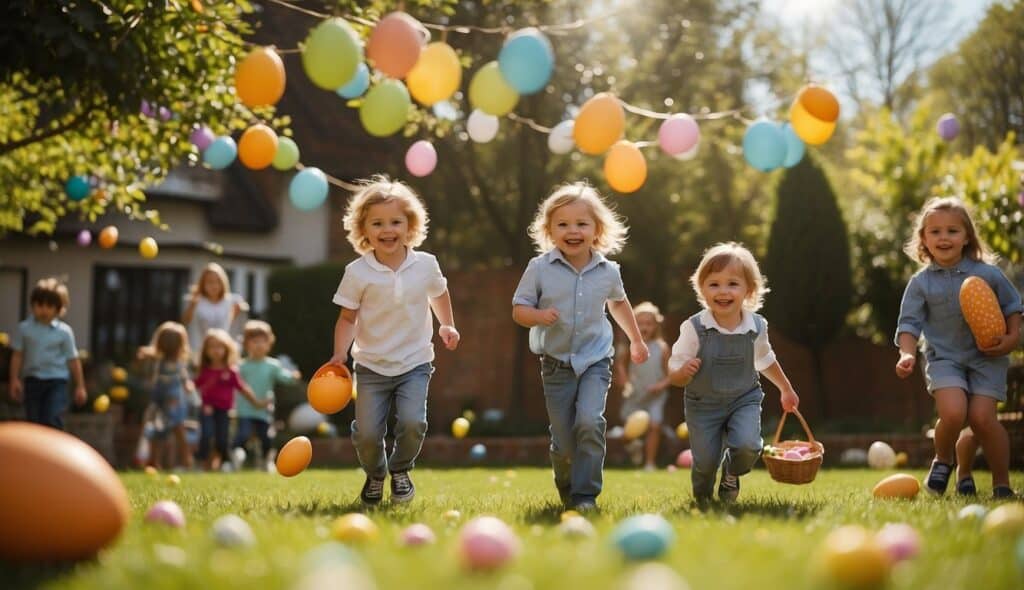 Children playing egg hunt in a colorful garden with Easter decorations and a festive atmosphere