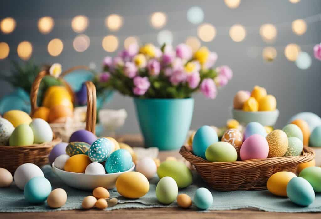 A colorful table with festive decorations, baskets filled with eggs, and a variety of Easter-themed crafts and games scattered around.
