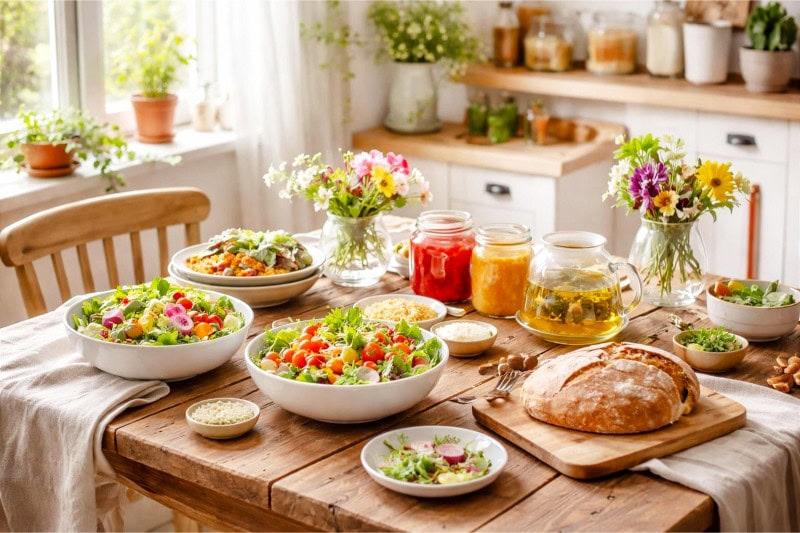 A sunlit kitchen table set with fresh spring dishes, bread, tea, and spring flowers, creating a warm and inviting meal scene.