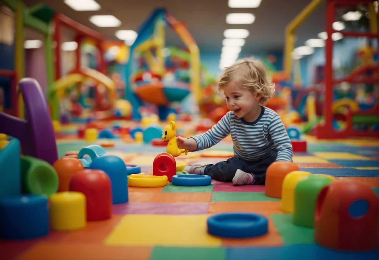 A boy playing in a colorful indoor play area with toys, games, and art supplies scattered around. A bright, imaginative atmosphere filled with laughter and creativity