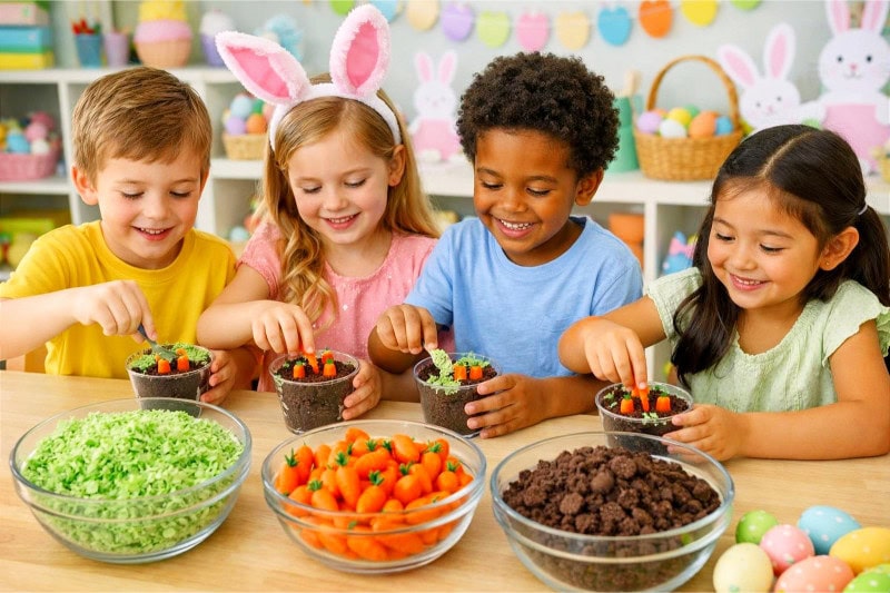 Easter Party Ideas for School That Your Students Will Absolutely Love 13 Children making edible carrot patch treats together at a decorated table during an Easter party at school.