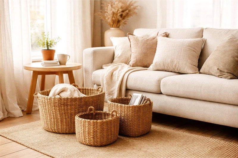 A cozy indoor living area with wicker baskets and linen throw pillows on a sofa, softly lit by natural light.