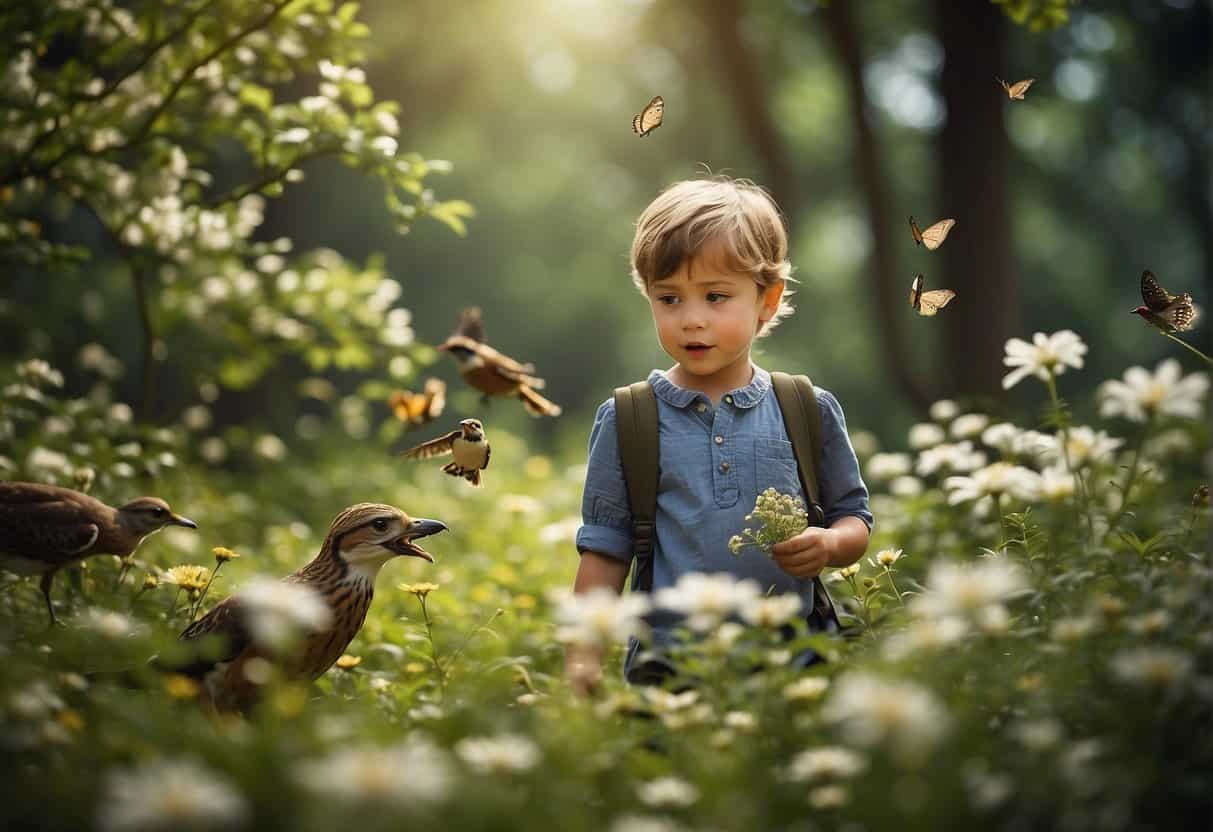 A boy discovering wildlife in a lush forest, surrounded by blooming flowers, chirping birds, and playful butterflies.