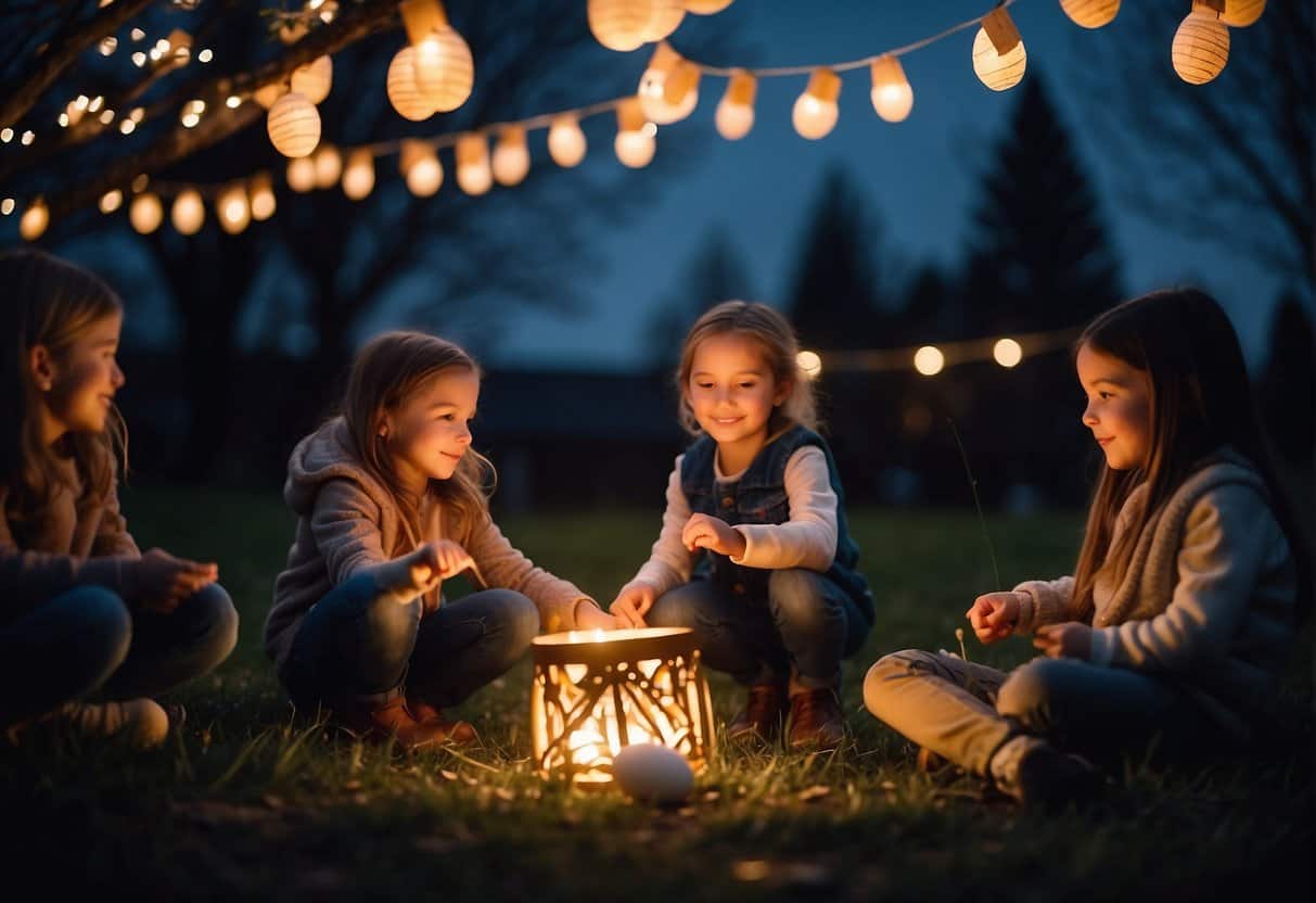 Children hunt for Easter eggs under the moonlit sky. A bonfire crackles, casting a warm glow on the festivities. Lanterns and twinkling lights adorn the schoolyard, creating a magical atmosphere for the Easter party
