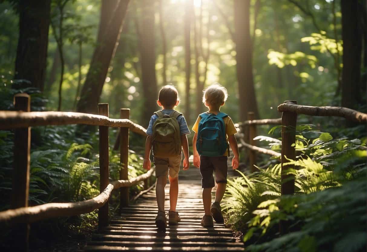 Children hiking in a lush forest, crossing a wooden bridge over a babbling stream. Bright sunshine filters through the trees, casting dappled shadows on the forest floor. Birdsong fills the air