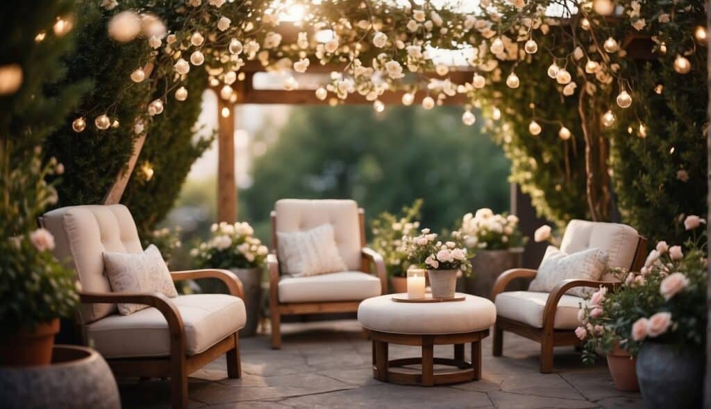 an outdoor seating area with comfy chairs, flowers and twinkle lights