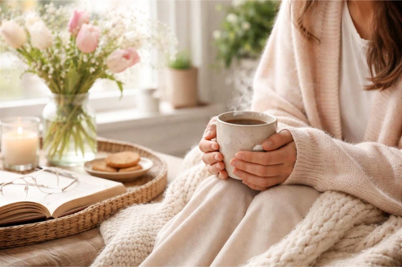 Woman wearing a soft pastel sweater or oversized cardigan sitting in a bright room with a cup of tea and spring flowers nearby.