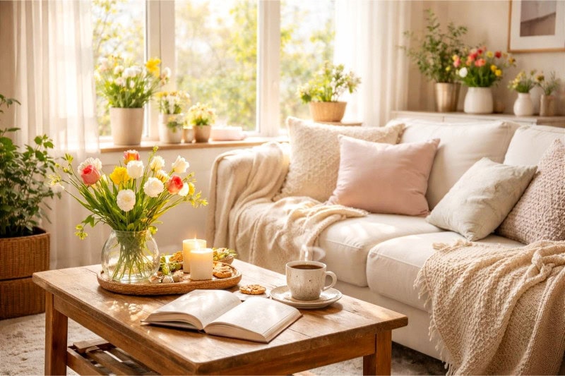 A sunlit living room with plants, spring flowers, cozy blankets, a cup of tea, and a lit candle creating a warm and inviting atmosphere.