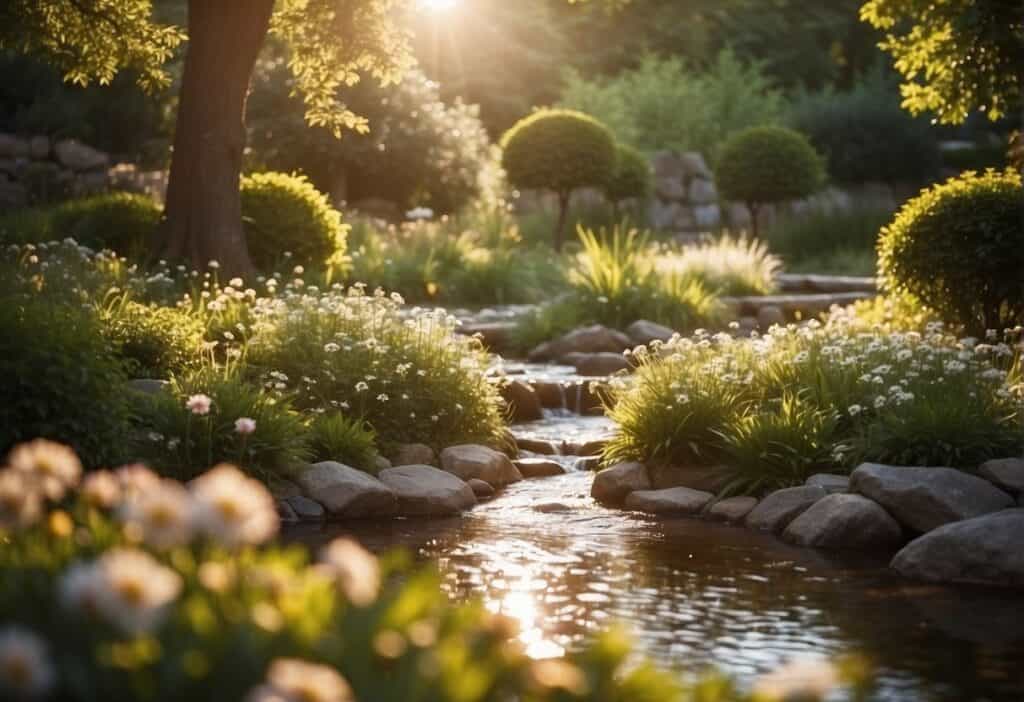 A tranquil garden with blooming flowers, a flowing stream, and a peaceful meditation area, surrounded by vibrant greenery and the warm glow of the spring sun