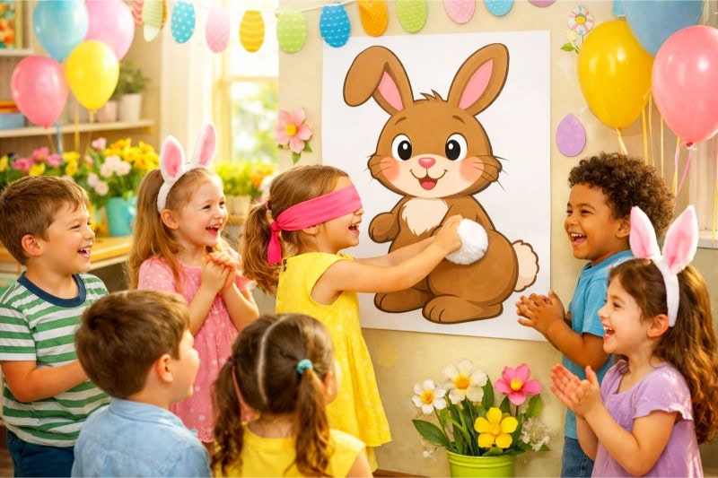 Easter Party Ideas for School That Your Students Will Absolutely Love 15 Children playing pin the tail on the bunny game at an Easter party in a decorated room.