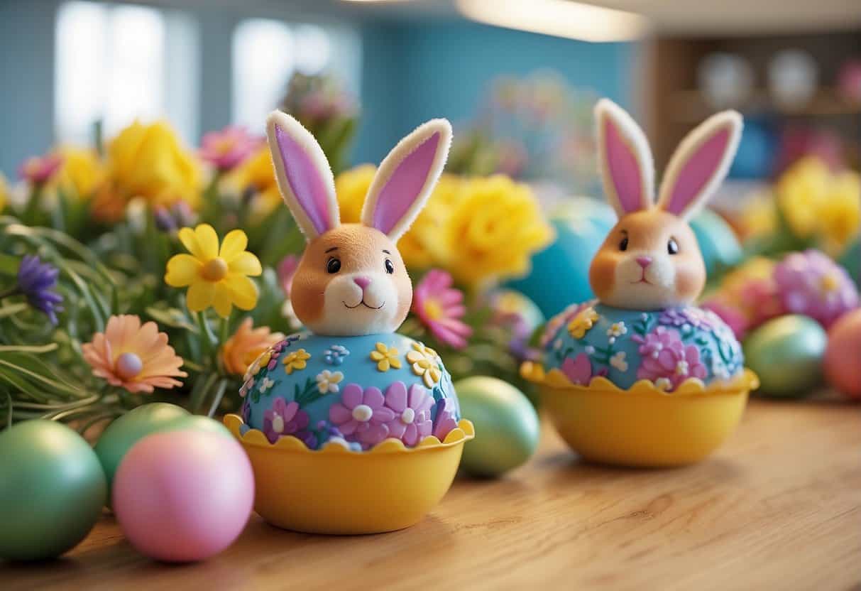 Table in classroom set with colorful Easter decorations, including bunnies, eggs, and flowers.