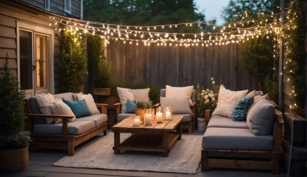 cozy outdoor seating area with comfortable chairs, twinkling string lights, and cozy blankets, Spring aesthetic