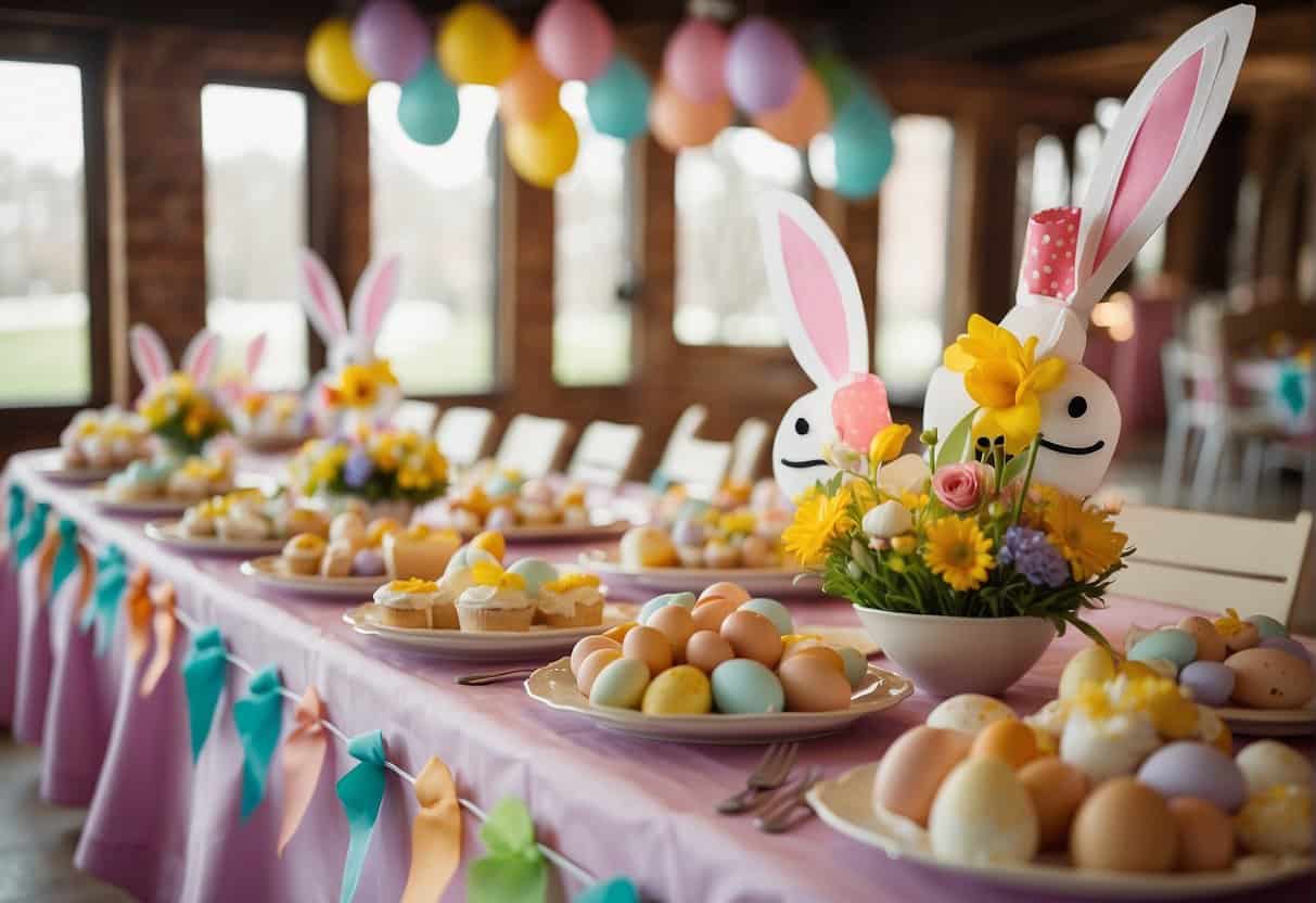 Colorful Easter-themed banners and streamers hanging from the ceiling. Tables adorned with pastel tablecloths and centerpieces of spring flowers. A large Easter bunny cutout and baskets filled with eggs and treats
