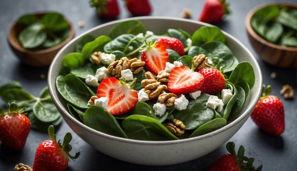 Spinach and Strawberry Salad in a bowl made from baby spinach, sliced strawberries, pieces of goat cheese, topped with crunchy walnuts