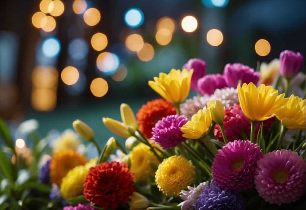 Spring Equinox celebration is adorned with vibrant flowers, colorful ribbons, and twinkling lights, creating a festive and enchanting atmosphere