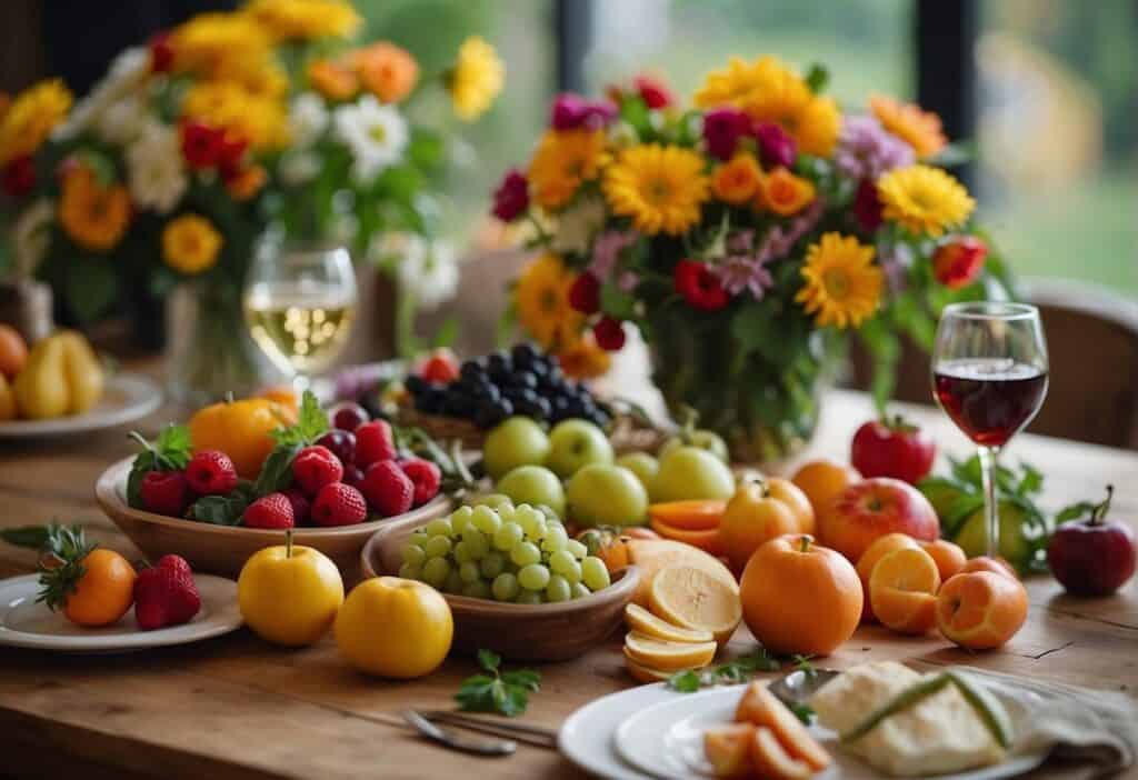 A table adorned with colorful fruits, vegetables, and fresh flowers. A variety of dishes and recipes are displayed, symbolizing the celebration of the Spring Equinox.