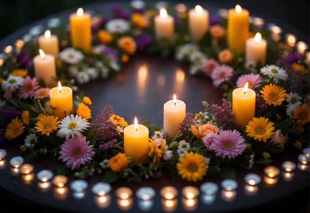 A circle of colorful flowers and candles arranged around a central altar, symbolizing the balance of light and dark at the Spring Equinox