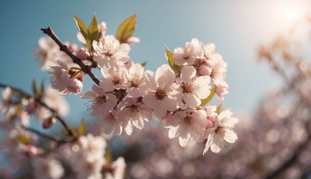 Spring Equinox aesthetic of a blossoming tree basking in the sunshine.