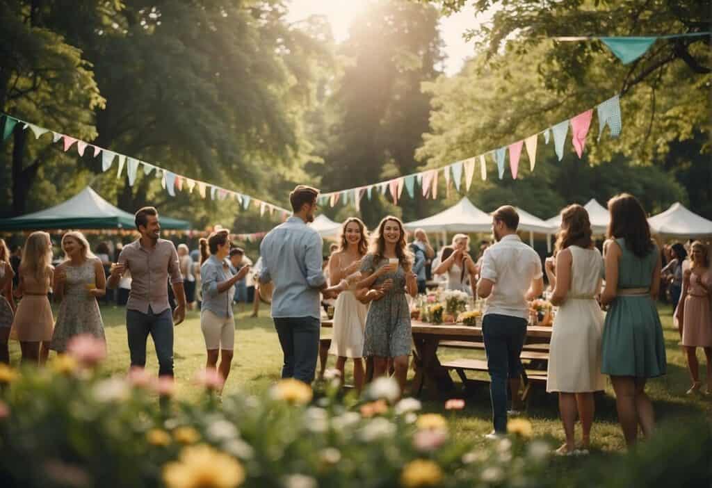 A group of people gather in a park, surrounded by blooming flowers and greenery. They are engaged in various activities such as dancing, picnicking, and decorating the area with colorful banners and ribbons