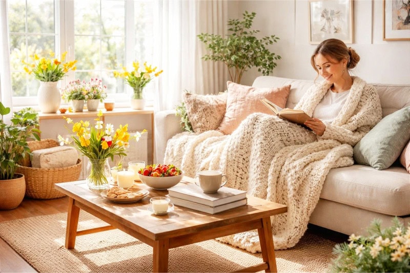 A sunlit living room with fresh spring flowers, cozy blankets, cushions, a steaming cup of tea, books, and a person reading wrapped in a blanket.