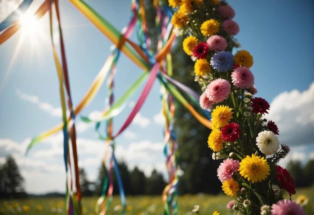 A colorful maypole adorned with ribbons and flowers spins in a sunlit meadow