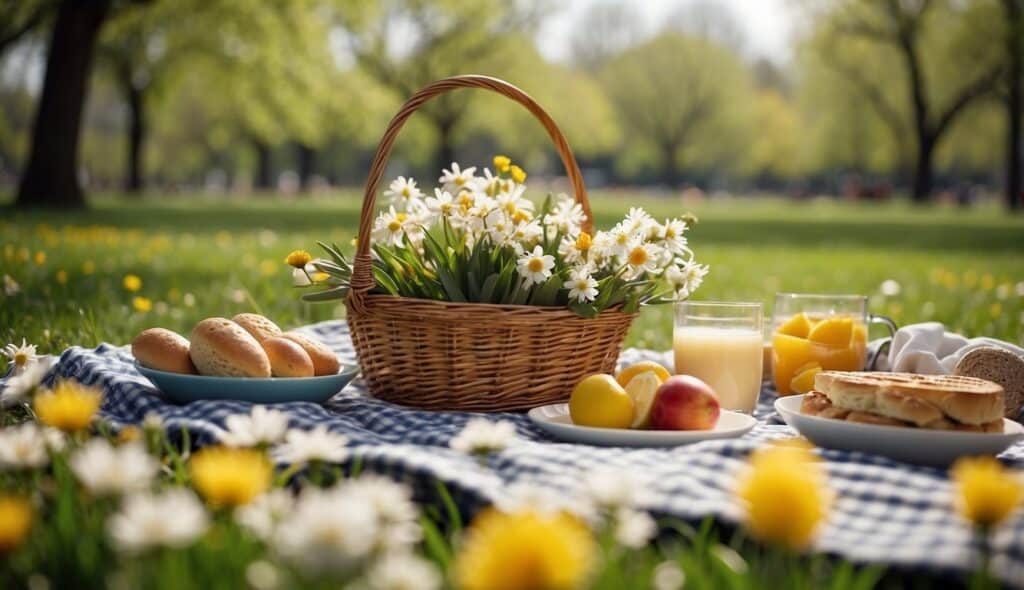 Spring picnic in a park with a blanket, wicker basket and surrounded by flowers aesthetic 