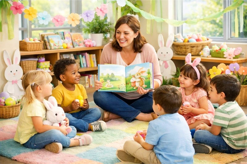 Easter Party Ideas for School That Your Students Will Absolutely Love 4 Children sitting in a circle listening to a teacher reading a book in a decorated classroom with spring and Easter decorations.