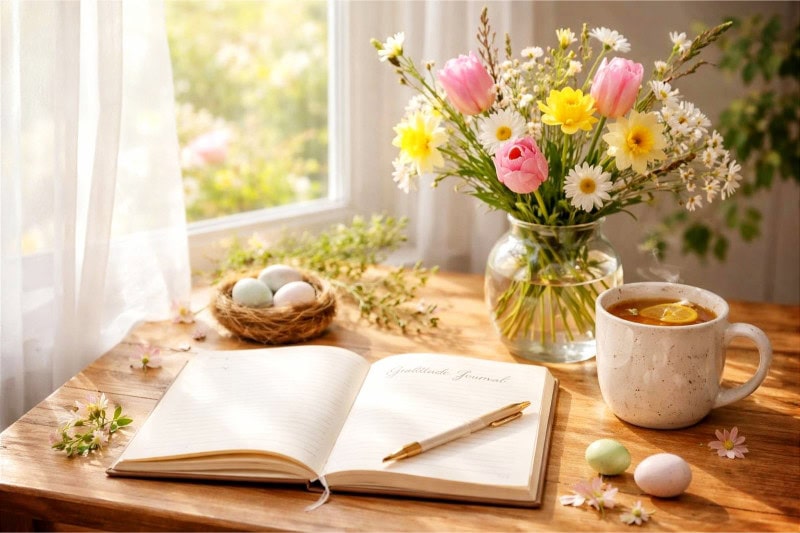 A sunlit table with an open journal, fresh spring flowers, and a cup of tea by a window overlooking a blooming garden.